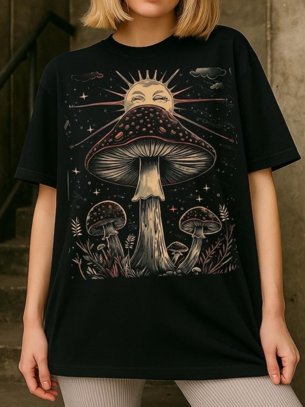Vintage Mushroom Sun T-shirt, Boho Cottagecore Graphic Tee